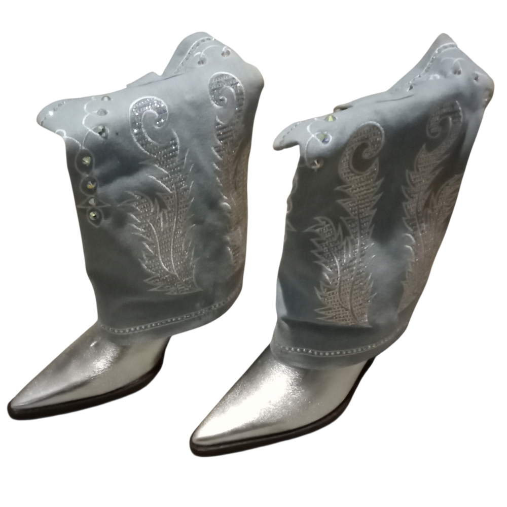 LOIRIT Women's Cowgirl Boots Silver Mid Calf Chunky Heel Boots - NWOB - Picture 5 of 7